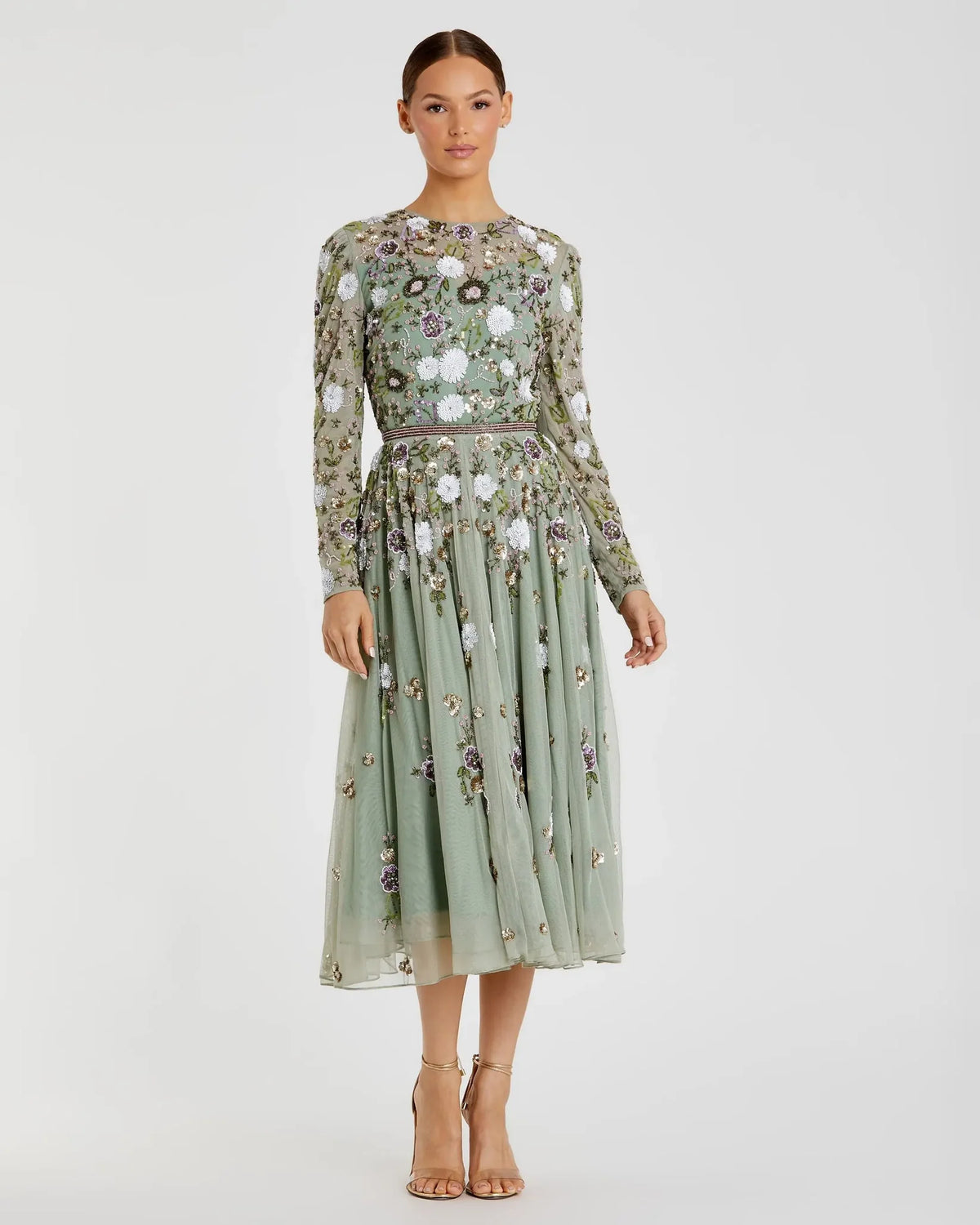 Mac Duggal Pink Sequined Floral Long Sleeve High Neck Midi Dress #5716 Sage Green