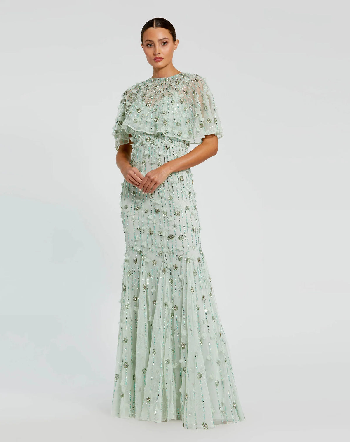 Mac Duggal Green Embellished Illusion Cape Sleeve Trumpet Gown #93653 Sage