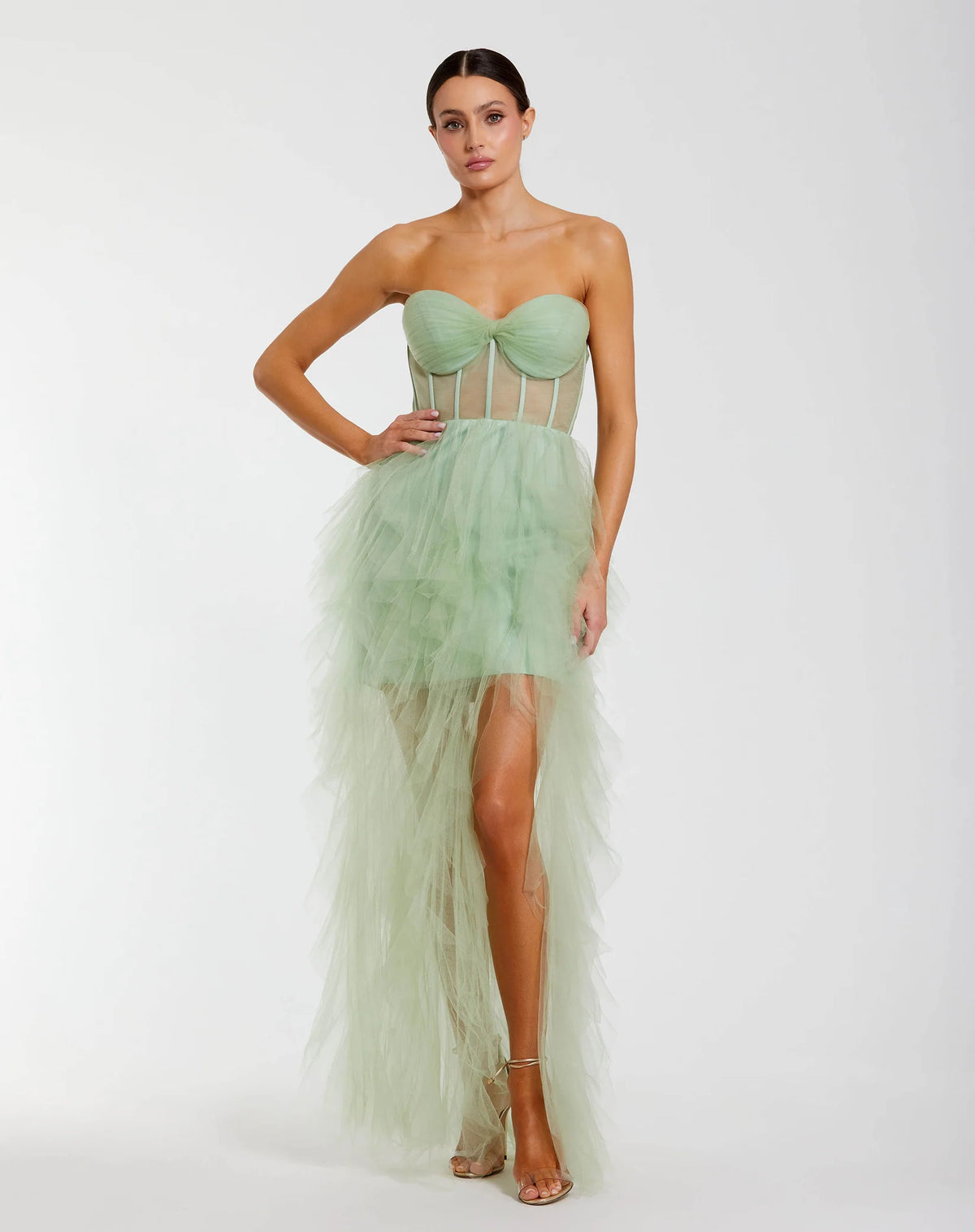 Mac Duggal #27532 Strapless Bustier Net Gown With Spiral Ruffles, Sage Green | SHAIDE - Shop Women's Dresses Online Shaide Boutique Mac Duggal #27532 Strapless Bustier Net Gown With Spiral Ruffles, Sage Green | SHAIDE - Shop Women's Dresses Online Shaide Boutique