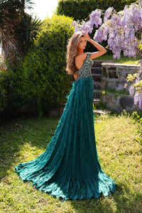 Chic & Holland HY130110 forest green crepe off-the-shoulder gown back