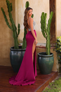 Chic & Holland HY130111 fuschia ruched crepe sweetheart gown back