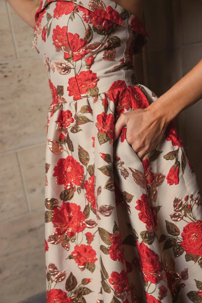 Mac Duggal #11827 Antique Brocade Strapless Floral Gown With – Shaide Boutique