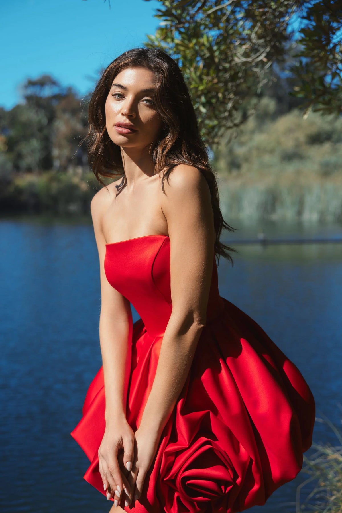 Mac Duggal. Red Strapless Mini Dress With Rose Ruffle Detail Red #20705