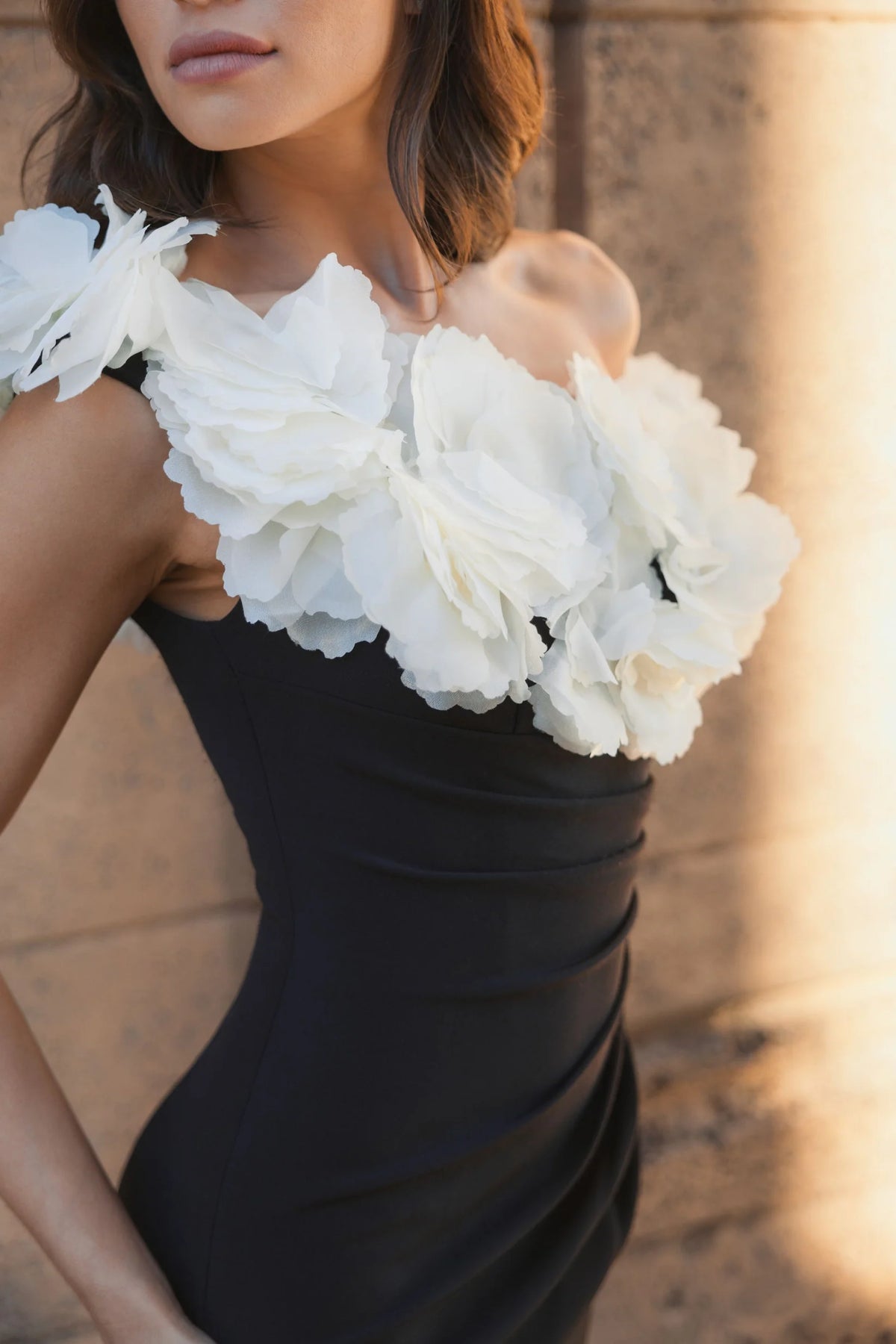 Jersey Gown With Flower Detail - Black