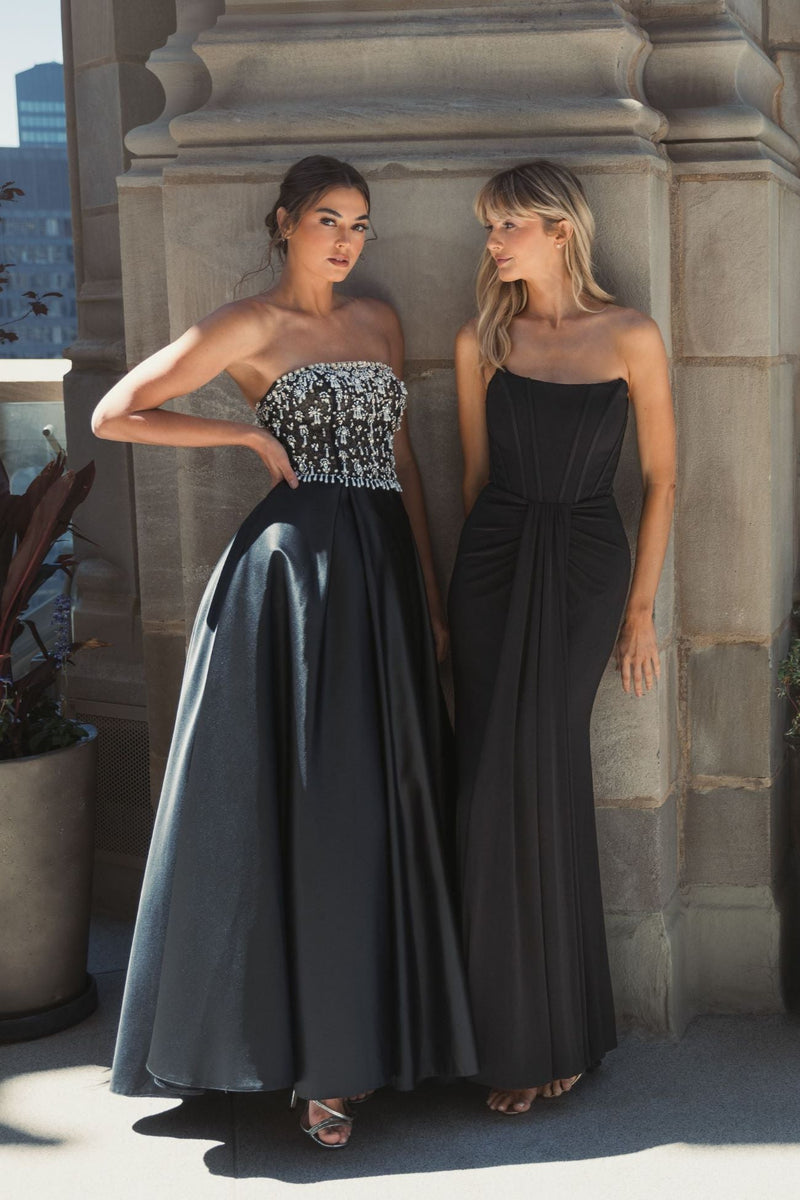 Strapless Embellished Top Satin Ballgown - Black