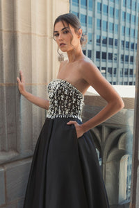 Strapless Embellished Top Satin Ballgown - Black