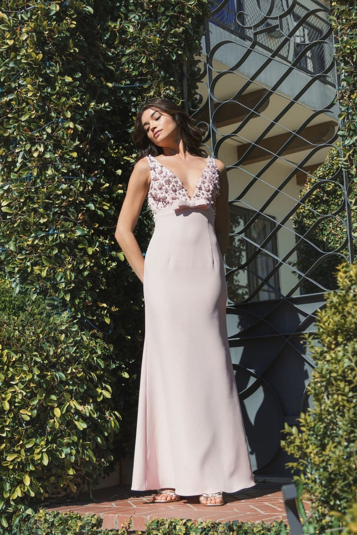 Crepe Sleeveless Beaded V Neck Gown With Bow - Black