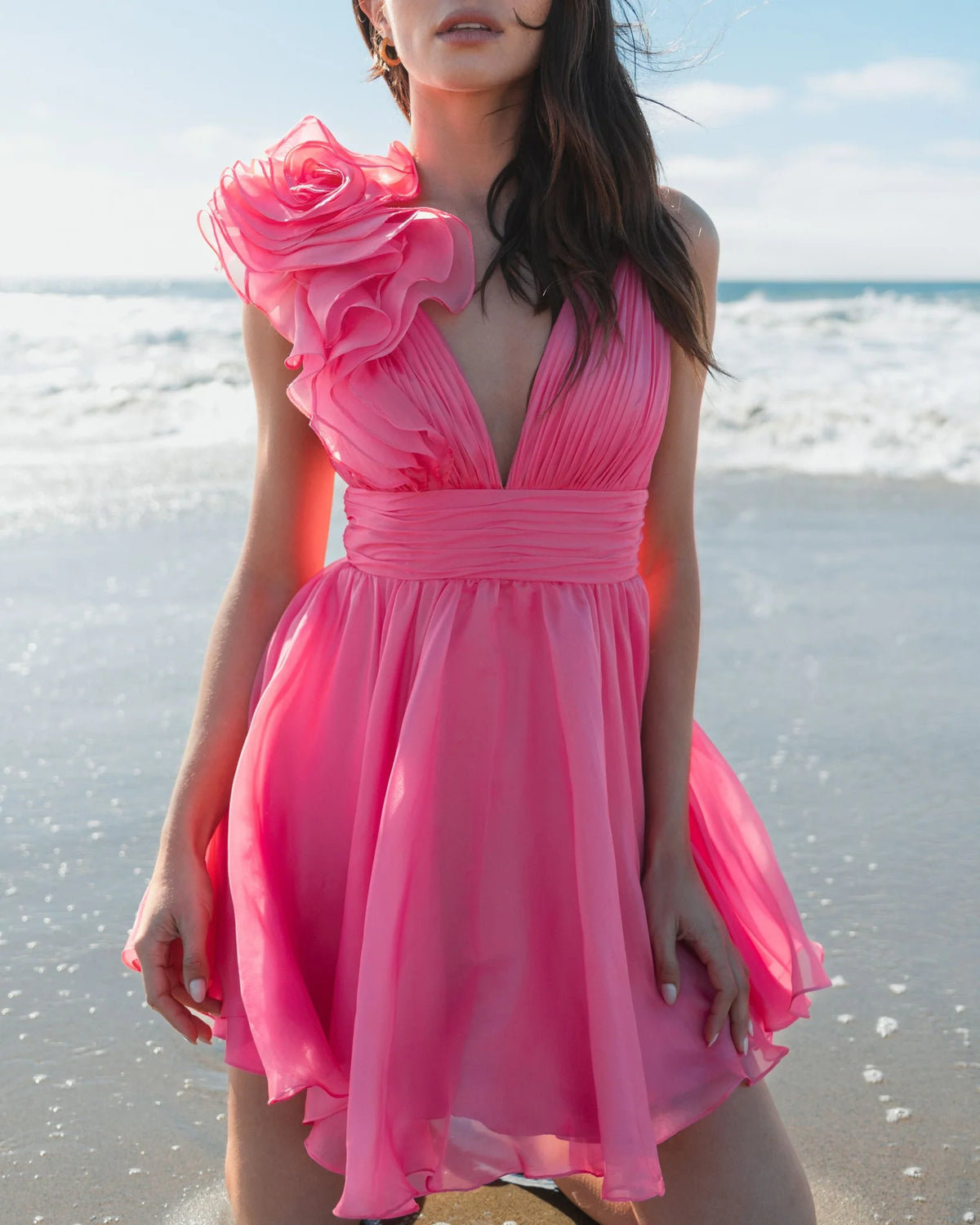 Ruffle shoulder empire waist mini dress - Hot Pink