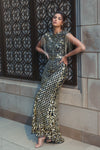 Black High Neck Sleeveless Beaded Fringe Fitted Gown - Sage