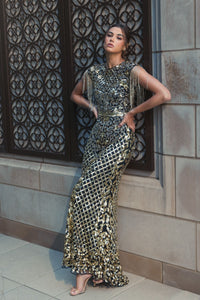 Black High Neck Sleeveless Beaded Fringe Fitted Gown - Sage