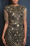 Black High Neck Sleeveless Beaded Fringe Fitted Gown - Sage