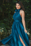 Pleated Charmeuse High Neck Sleeveless Midi Dress - Ocean