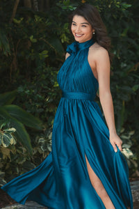 Pleated Charmeuse High Neck Sleeveless Midi Dress - Ocean