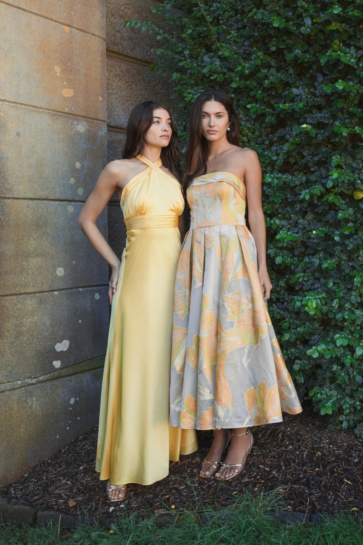 Ruched Halter Neck Tie Back Satin Gown - Yellow