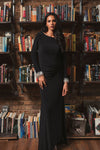 Long Sleeve Jersey Gown With Beaded Cuff Sleeves - Black