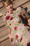 Floral Beaded Mesh Puff Sleeve Gown - Beige