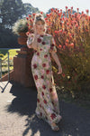 Floral Beaded Mesh Puff Sleeve Gown - Beige