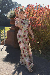 Floral Beaded Mesh Puff Sleeve Gown - Beige