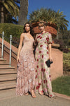 Floral Beaded Mesh Puff Sleeve Gown - Beige