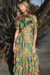 Ruffle Tiered Chiffon Floral Dress - Green