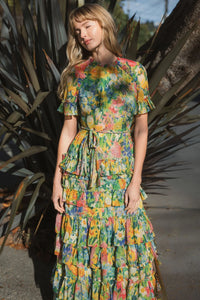 Ruffle Tiered Chiffon Floral Dress - Green