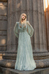 Boat Neck Long Sleeve Gown With Striped Beading - Mint
