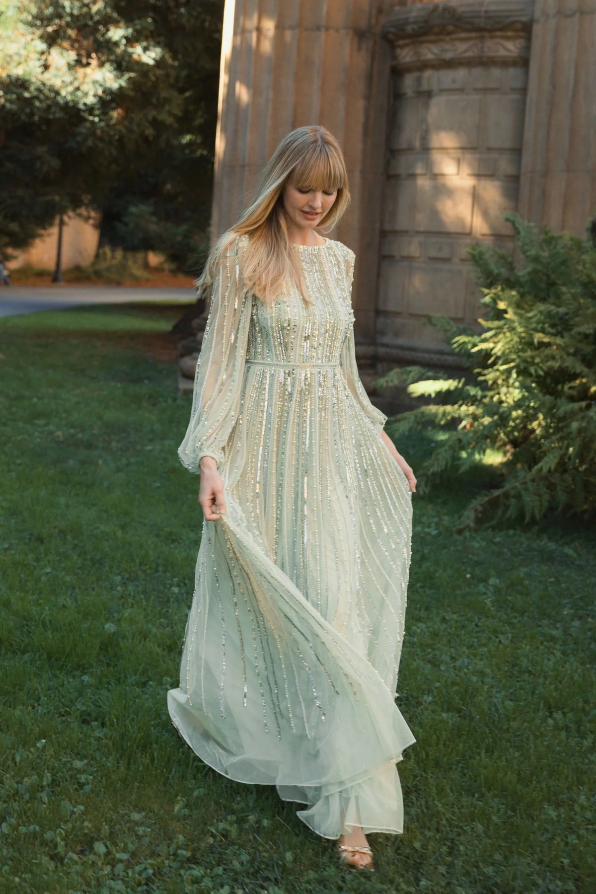 Boat Neck Long Sleeve Gown With Striped Beading - Mint