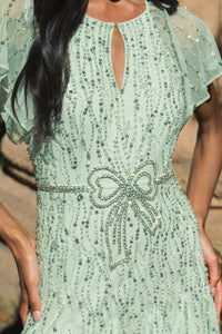 Embellished Bow Flutter Sleeve A Line Midi Dress - Seafoam