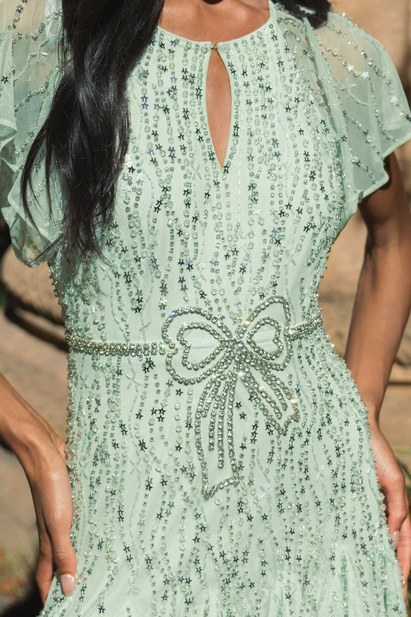 Embellished Bow Flutter Sleeve A Line Midi Dress - Seafoam