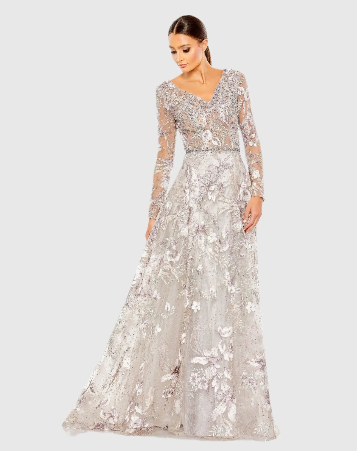 Mac Duggal Multicolor Long Sleeve Beaded Applique Gown Vintage Lilac #20214