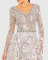 Long Sleeve Beaded Applique Gown - Grey