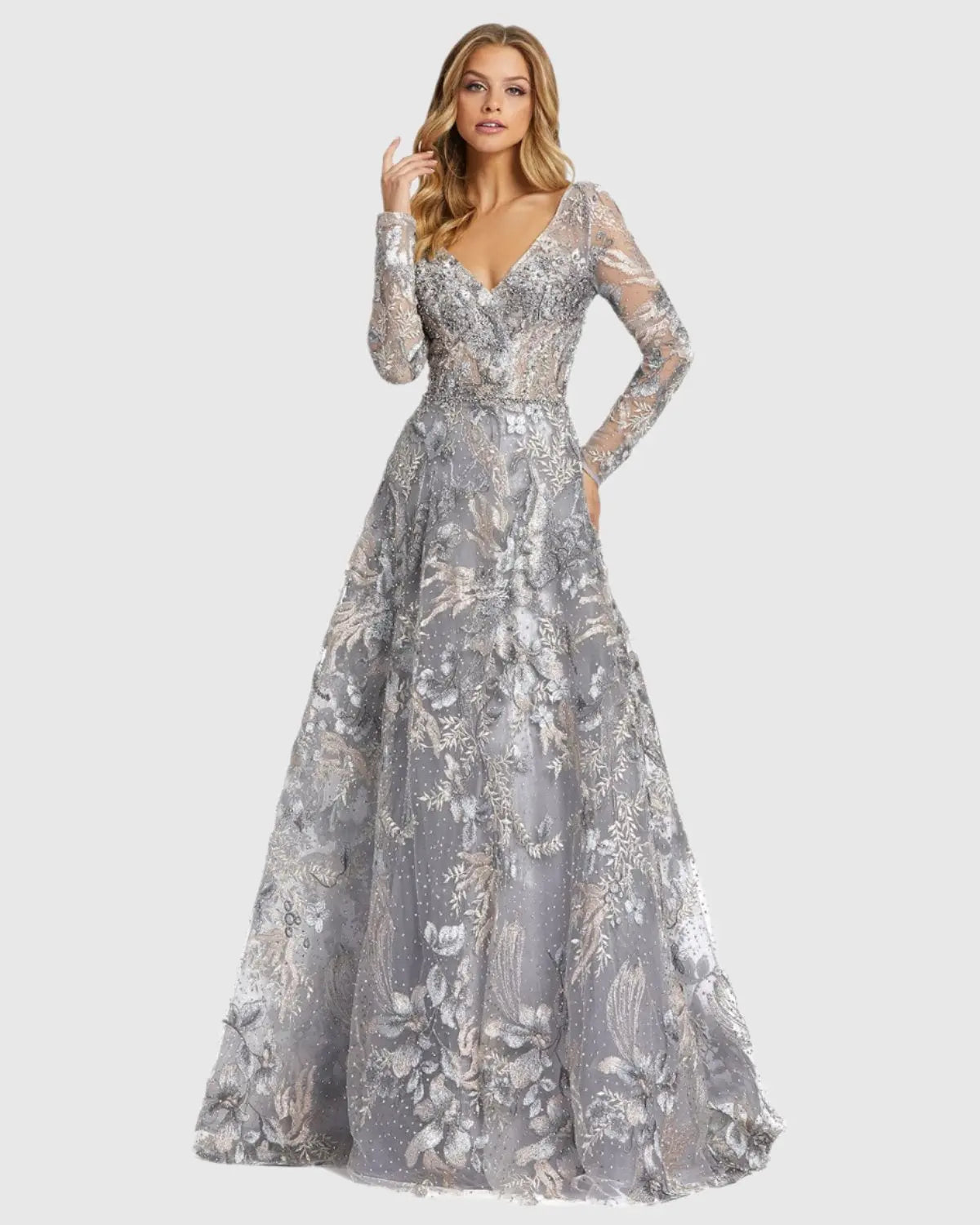 Mac Duggal Multicolor Long Sleeve Beaded Applique Gown Grey Multi #20214