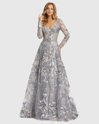 Mac Duggal Multicolor Long Sleeve Beaded Applique Gown Grey Multi #20214