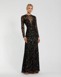 Mac Duggal #10821 Long Sleeve Floral Embellished Gown Black