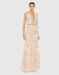 Mac Duggal #11165 Long Sleeve Applique V-Neck Gown Blush 