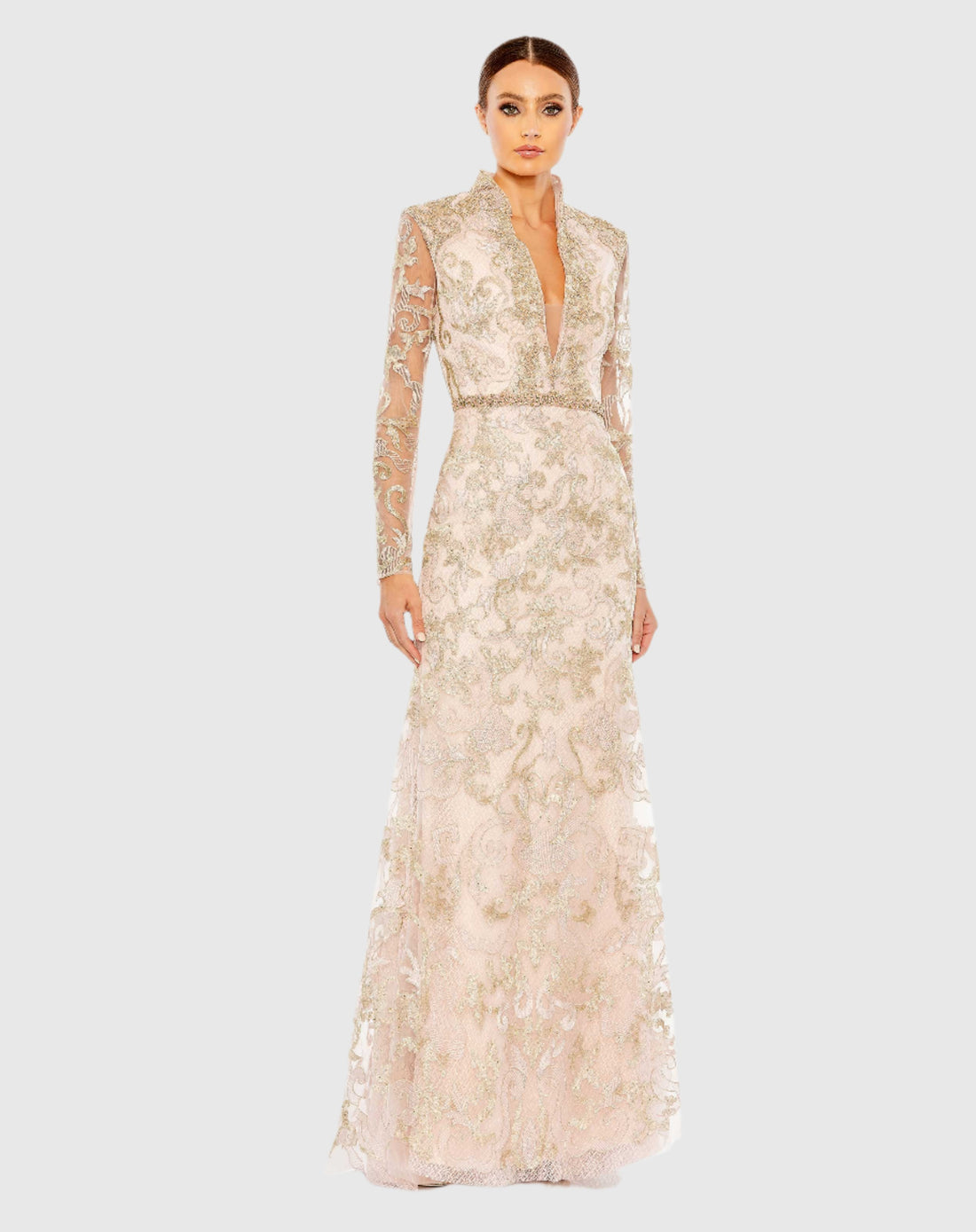 Mac Duggal #11165 Long Sleeve Applique V-Neck Gown Blush 