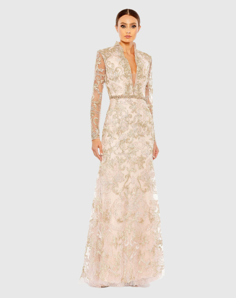 Mac Duggal #11165 Long Sleeve Applique V-Neck Gown Blush 