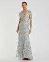 Mac Duggal #11165 Long Sleeve Applique V-Neck Gown Powder Blue 