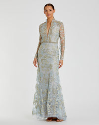 Mac Duggal #11165 Long Sleeve Applique V-Neck Gown Powder Blue 