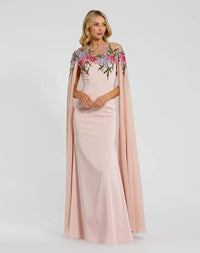 Mac Duggal #11798 Sheer Cape Gown with Beaded Embroidery - Rose