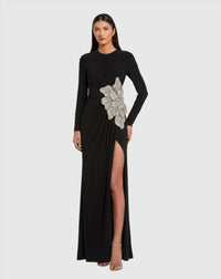 Mac Duggal #11809 Jersey Gown With Embellished Flower - Black 
