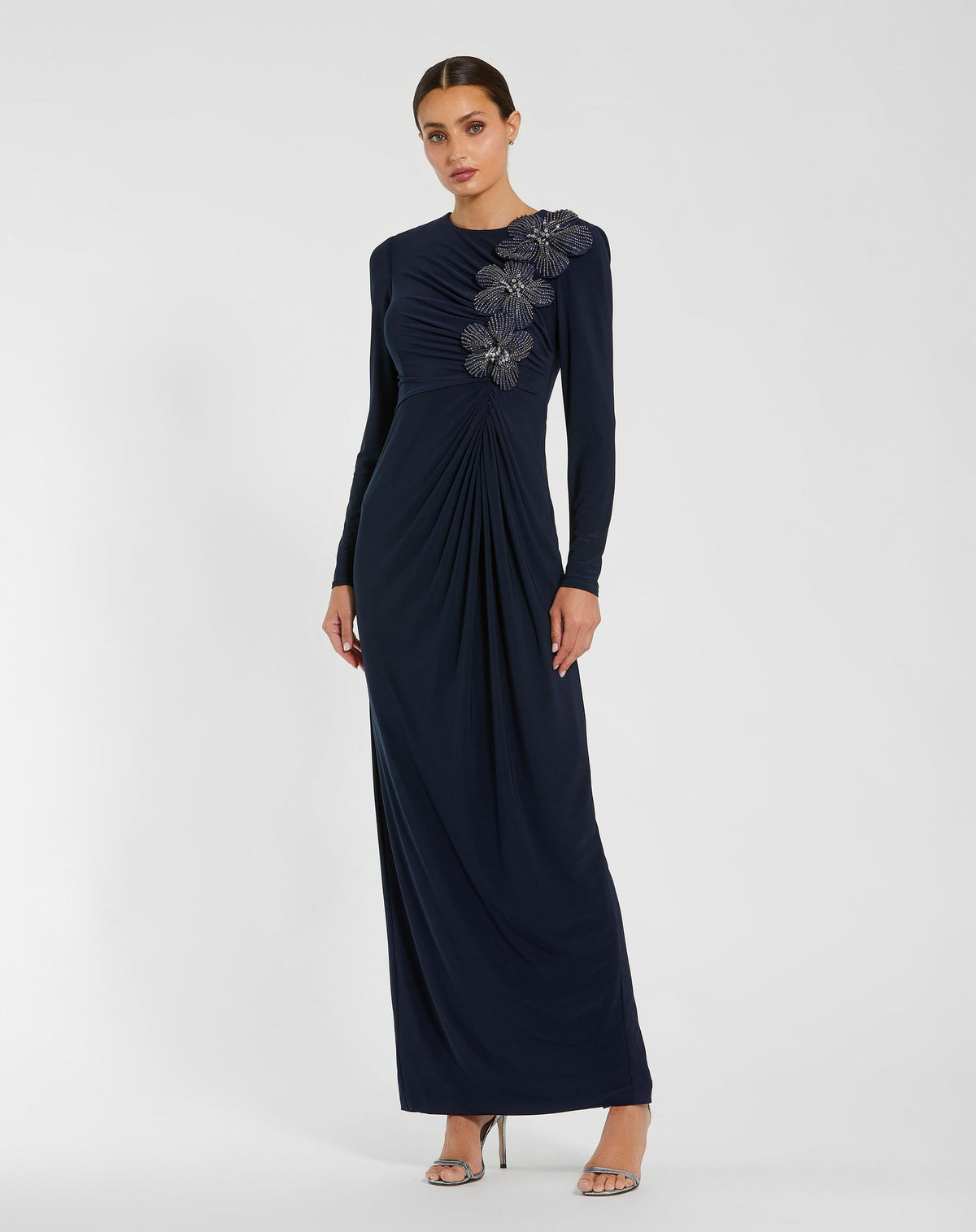 Mac Duggal #11850 Jersey Long Gown With Crystal Flowers - Midnight