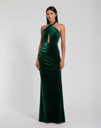 Mac Duggal #11924 Twist Neck Open Front Velvet Draped Gown - Emerald 