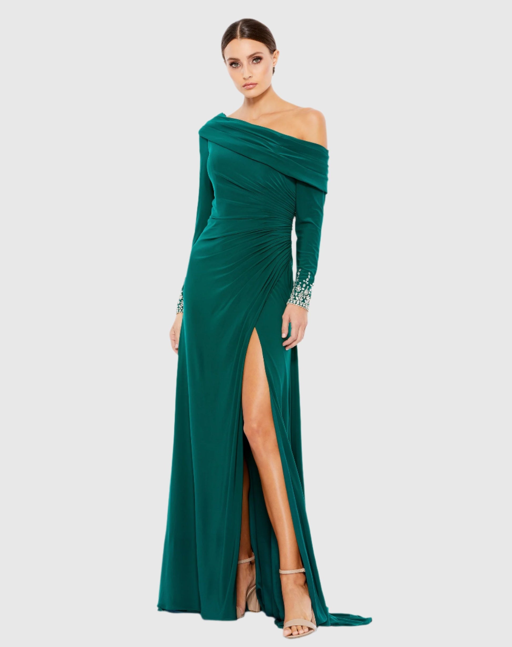 Off the shoulder jersey gown with jewel accented cuffs Emerald