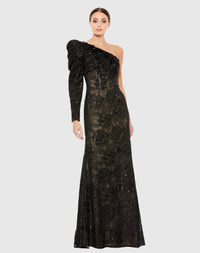 Mac Duggal #12444 Embellished One Puff Sleeve Trumpet Gown Black