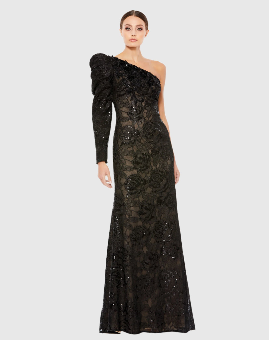 Mac Duggal #12444 Embellished One Puff Sleeve Trumpet Gown Black