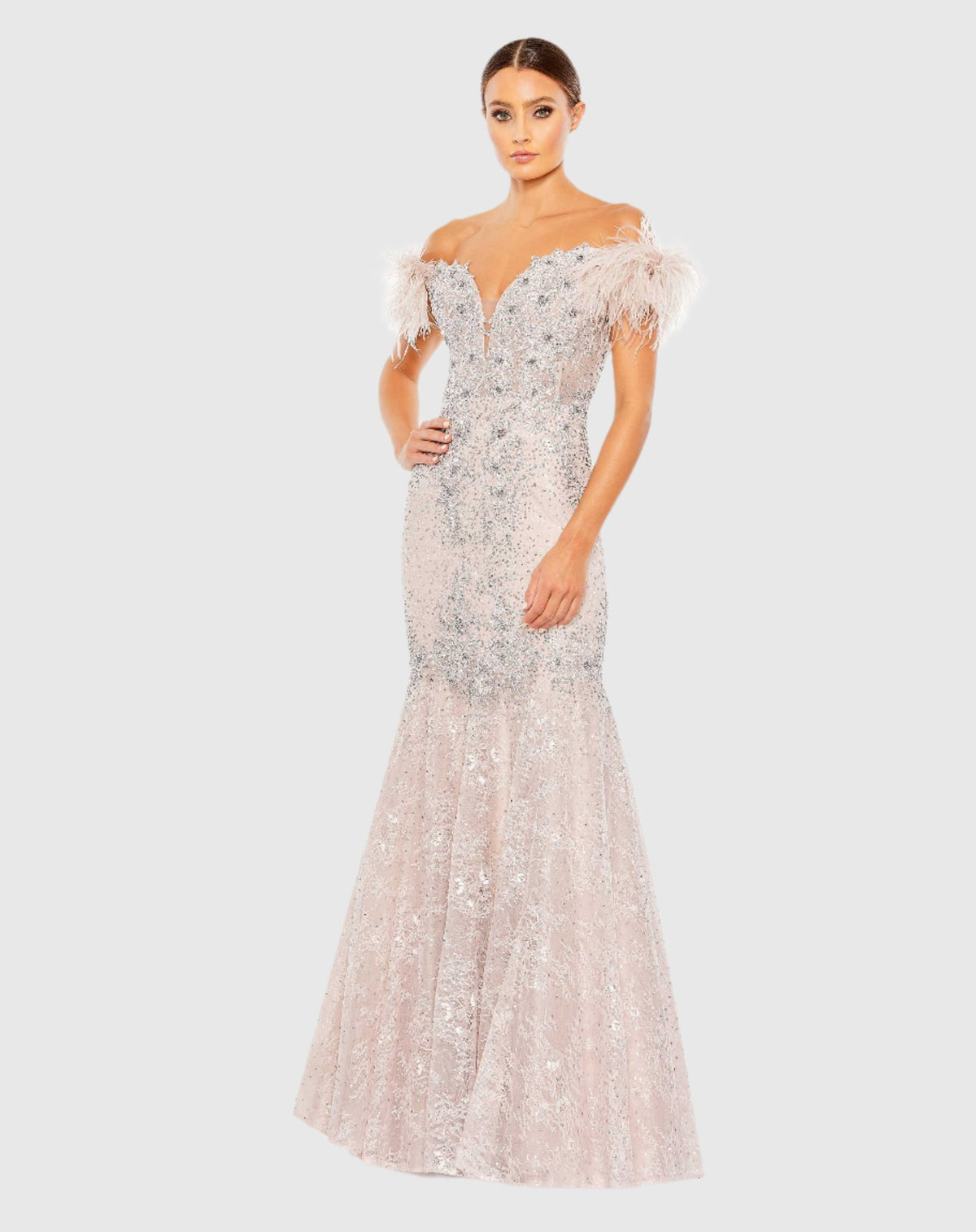 Mac Duggal #20246 Feather crystal embellished sleeveless gown, Lilac