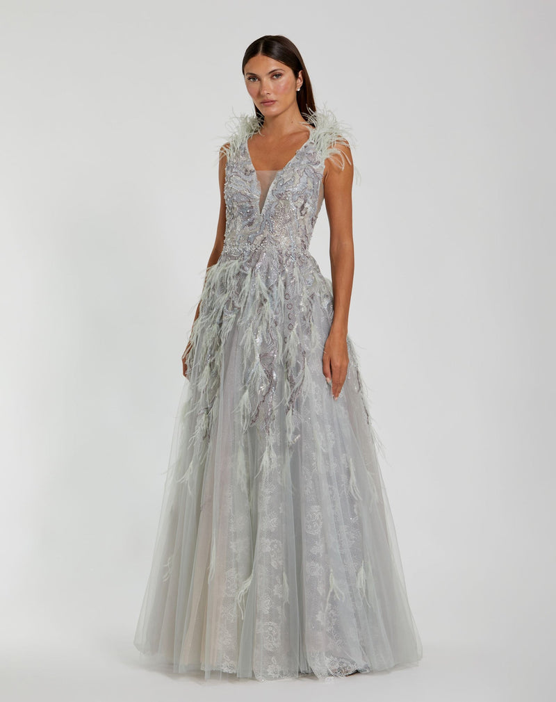 Mac Duggal #20259 Embellished Feathered Sleeveless A Line Gown, Seamist