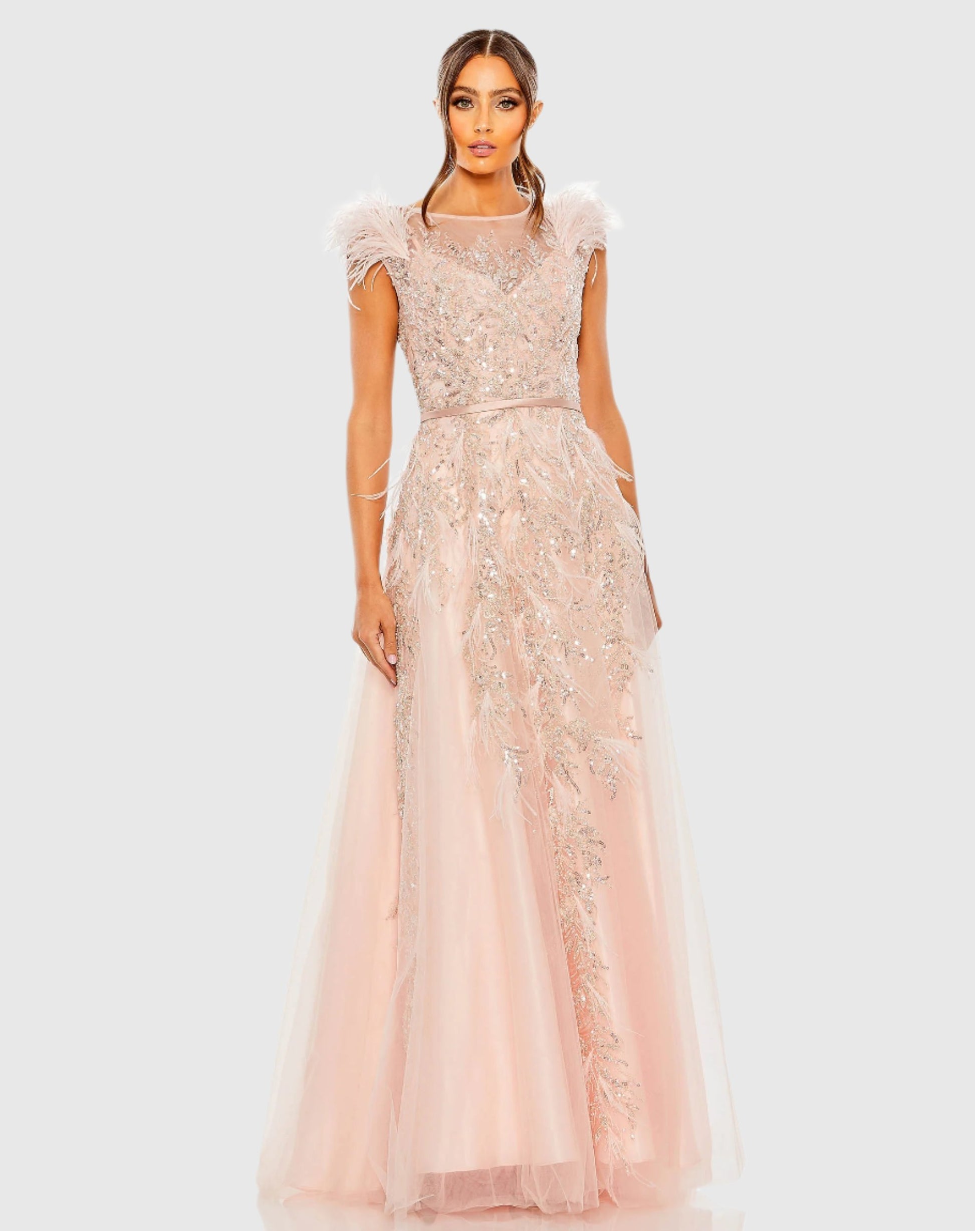 Mac Duggal 20520 High Neck Feather Detail Beaded Gown Blush Shop Prom Dresses Wedding Guest Dresses and Black Tie Evening Gowns Online at SHAIDE SHAIDE BOUTIQUE