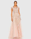 Mac Duggal #20520 High Neck Feather Detail Beaded Gown - Blush 